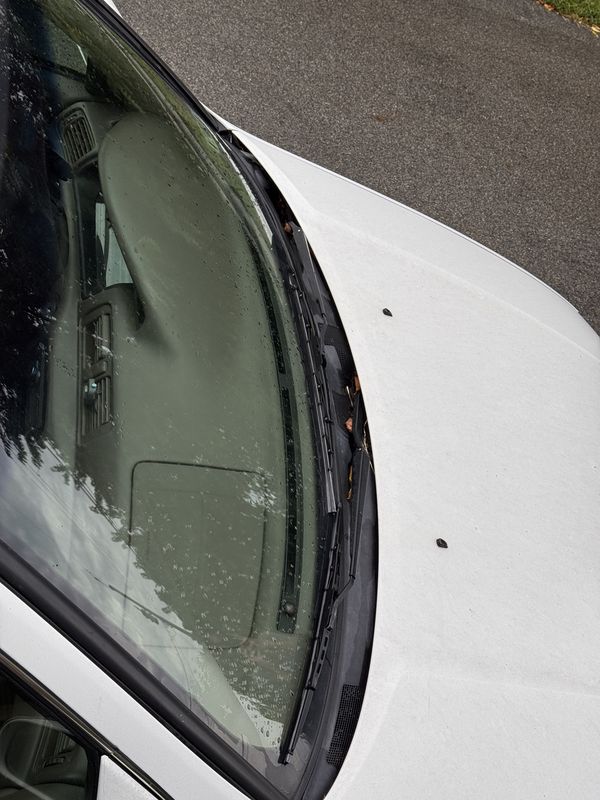 Windshield and wiper before, with a leaf under the blade.