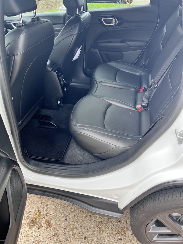 Rear leather seat and clean floor mat seen through the open rear door.